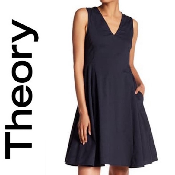 Theory Dresses & Skirts - THEORY LINEN KALSINGTON FIT & FLARE DRESS 4 NAVY BLUE MIDI SLEEVELESS POCKETS